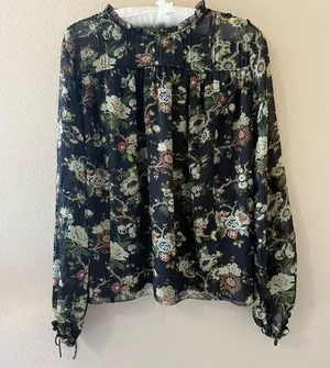 Aritzia Wilfred Black Floral Chiffon Blouse Shirt Top Womens S Small Long Sleeve thumbnail 1