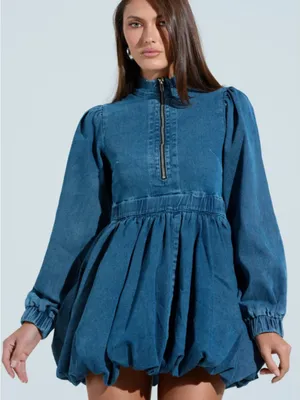 AKIRA Blue Denim Long-Sleeve Bubble Dress with Front Zip thumbnail 1