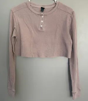 Wild Fable Blush Pink Long Sleeve Thermal Waffle Knit Henley Crop Shirt M thumbnail 1
