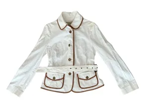 Burberry Faversham Ivory Brown Trim Cotton Blend Belted Jacket UL thumbnail 1