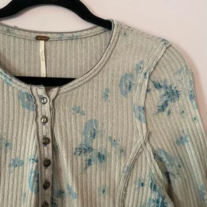 Free People Gray Blue Ribbed Henley Loungewear Top Long Sleeves Women size Large thumbnail 4
