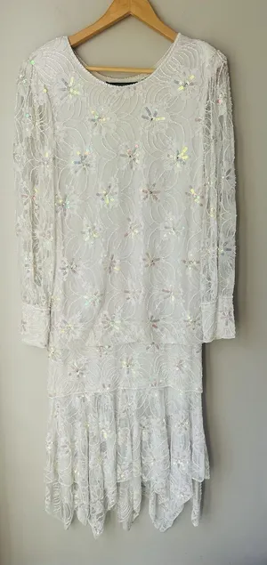 VTG Megere White Sequin Beaded‎ Dress M Long Sleeve Ruffle Hem Formal Wedding thumbnail 1