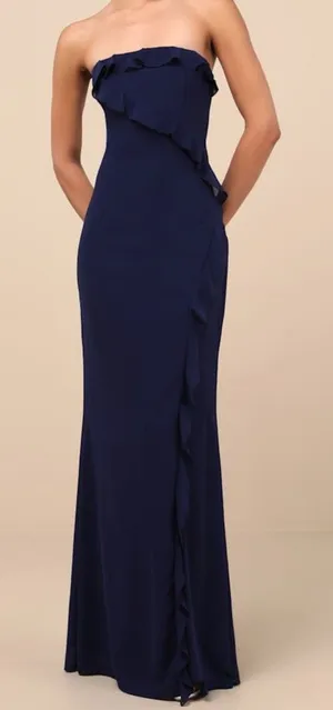 NEW Lulus Excellent Sensation Navy Strapless Ruffled Mermaid Maxi Dress Medium thumbnail 1