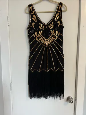 Babeyond Black & Gold Art Deco Fringe Cocktail Dress flapper costume sequins thumbnail 8