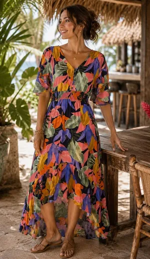 Abel The Label Tropical Floral High Low Maxi Dress Smocked Waist Womens Small‎ thumbnail 1