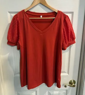 Women’s Orange V-Neck Swiss Dot Short Sleeve Tee thumbnail 1