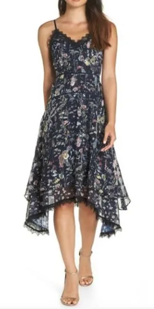 FOXIEDOX Carolina Floral‎ Midi Lace Trim Dress Blue Whimsy Asymmetrical Hem Sz 8 thumbnail 1