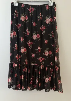Thyme & Honey Midi Skirt Size S Black Floral Mesh Ruffle Whimsigoth Dark Romance thumbnail 1