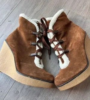 MIA Glenda Brown Leather Suede Lace-up Platform Wedge Booties Size 7.5M thumbnail 1
