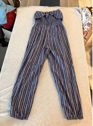 Aerie Strapless Striped Jumpsuit Women Medium Navy Blue Smocked Tie Front Jogger thumbnail 1