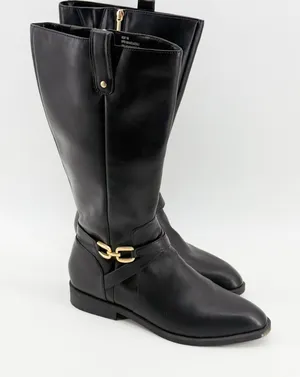 Crown & Ivy Mckay Women Black Tall Riding Boots Gold Buckle Size 11M thumbnail 1