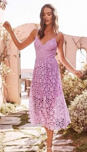 ASTR The Label Spaghetti Strap Lace Purple Midi Dress Cocktail Party Wedding XS thumbnail 1