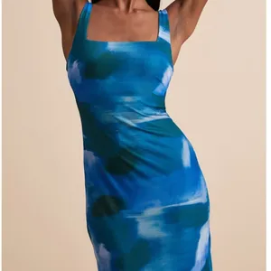 NEW Lulus Zemina Blue Abstract Godet Watercolor Pleated Mermaid Maxi Dress Small thumbnail 2