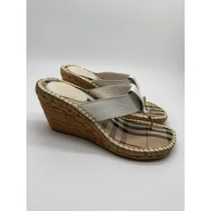 Burberry Wedge Sandals Womens 39 White Nova Check Espadrille Thong Leather thumbnail 3
