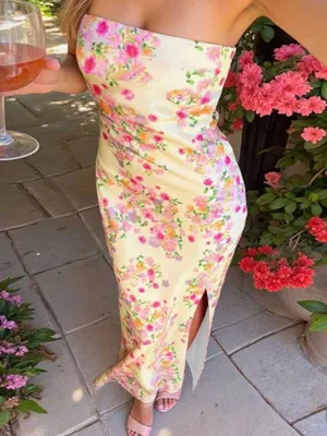 Strapless Cream Floral Midi Dress with Side Slit thumbnail 1