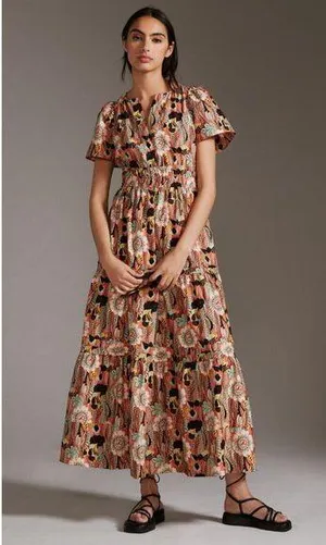 NWT Anthropologie Maeve Somerset Maxi in Botanic Garden Tiered Cotton Dress M thumbnail 1