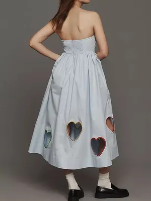 Anthropologie Mare Mare Strapless Cut-Out Hearts A-Line Midi Dress Light Blue thumbnail 3