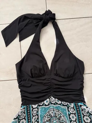 Dressbarn Size 6 Y2K Boho Halter Dress Teal Medallion Handkerchief Hem Ruched thumbnail 4