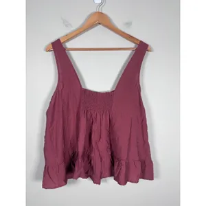 Maeve Peplum Tank Top Womens Large Burgundy Boho Smocked Cottage Flowy Date thumbnail 5