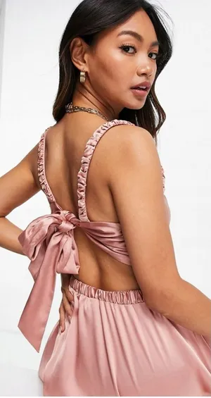 ASOS Design Blush Mauve Pink Satin Mini Dress 14 XL Cut Out Bow Back Skater thumbnail 1