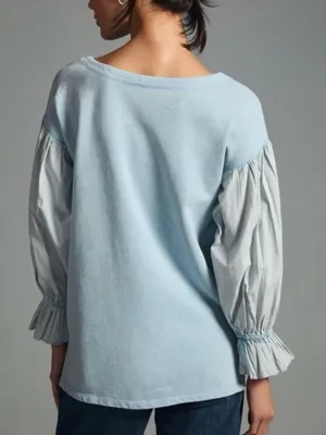 Pilcro Anthropologie Mixed Media Puff Sleeve Sweatshirt in Light Blue Sz Medium thumbnail 3