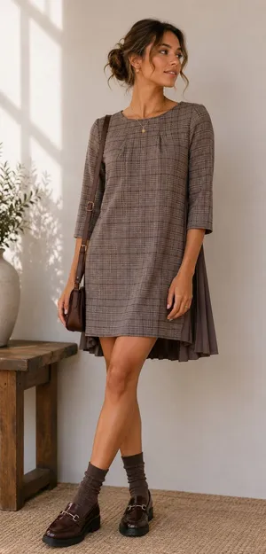 Jill Stuart Brown Plaid Mini Shift Dress Womens S Preppy Pleated Back Academia thumbnail 1