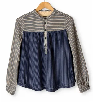 BDG Shirt Women Small Blue Mixed Stripe Band Collar Cotton Top Popover Preppy thumbnail 1