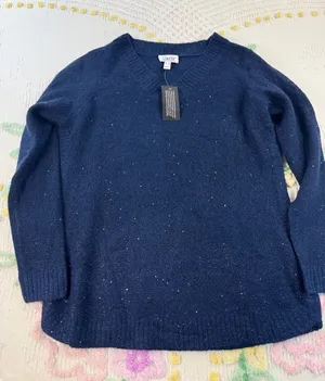 Denim & Co Navy Blue Sequin Shimmer‎ V-Neck Knit Sweater Womens M NWT A670650 thumbnail 1