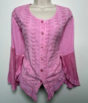 VTG 90s Women Indie Fairy‎ Embroidered Crochet Top XL Pink Flare Western Boho thumbnail 1