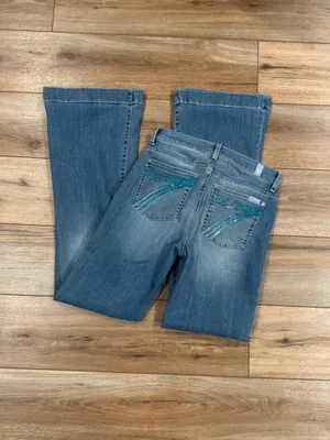 7 FOR ALL MANKIND Sparkly Turquoise Mid-rise Flared Dojo Trouser Jeans | Size 28 thumbnail 2