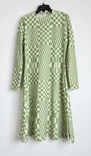Green & white Checkerboard Midi Dress Size L Optical Illusion Wavy Mock Neck thumbnail 1