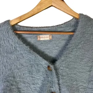 NWT Altar'd State Eyelash Knit Fuzzy Cardigan Sweater Baby Blue Cropped Size L thumbnail 3