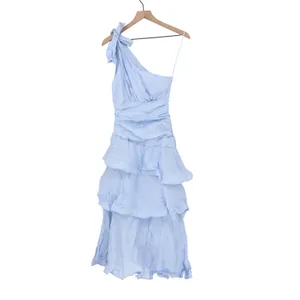 Showpo Eugenia Midi Dress One Shoulder Ruffle Tiered Pale Blue Size 4 thumbnail 2