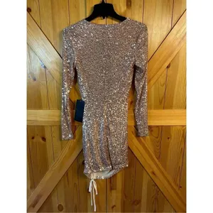 Bebe Ruched Sequin Mini Dress Hazelnut/Silver XXS Nwt (4150) thumbnail 7