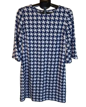 Tyler Boe Ponte Knit Bell Sleeve Blue Houndstooth Check Shift Dress Size S thumbnail 3