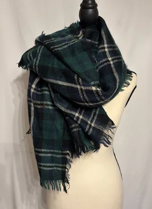Cozy Oversized Square Plaid Blanket Scarf - Green & Navy thumbnail 1