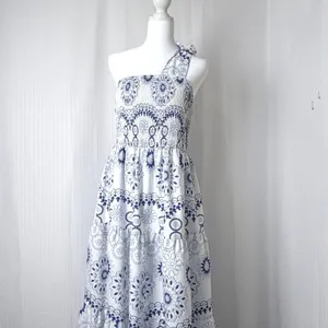 Hapsha Curve Maxi Dress Women 2XL Blue One Shoulder Smocked Tiered Boho Beachy thumbnail 6