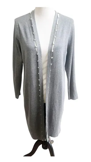 Chico's Cardigan Womens Size 1 Gray Knit Delicate Pearl Embellishment Open Front thumbnail 1