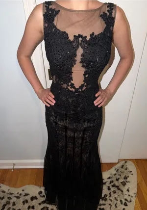 Sherri Hill Black Beaded Lace Backless Evening Gown thumbnail 1