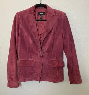 Burgundy Suede Blazer Jacket Small 100% Genuine Leather Autumn Fall Retro thumbnail 1