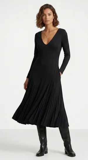 Polo Ralph Lauren Black Viscose Drop Waist Pleated Dress V-Neck‎ Long Sleeve SM thumbnail 1