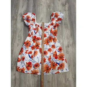 Lost + Wander Poppy Blooms Mini Dress Puff Sleeve White Orange Blue Women Large thumbnail 5