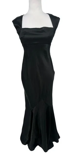 Vtg Scene Black Satin Maxi Mermaid Dress 3/4 Square Neck 90s Y2K Prom Goth Gown thumbnail 1