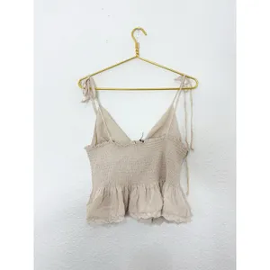 NWT Zara Tan Smocked Tie Straps Lace Trim Top Size Medium 0881/010 thumbnail 12