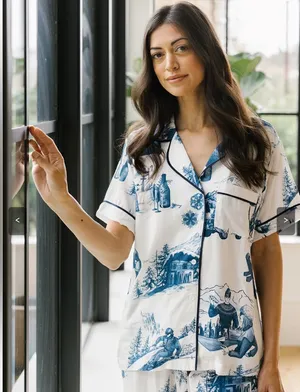 Katie Kime Apres Ski Toile Pajama Top in White & Navy thumbnail 1