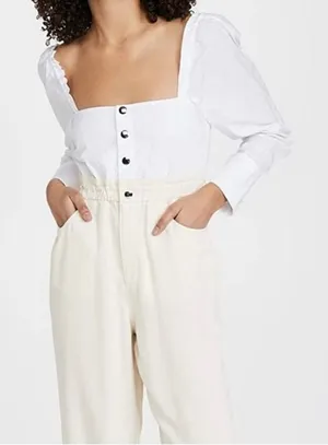 WeWoreWhat Shirt Jumpsuit Ivory NEW Size XS Long Sleeve Paperbag Waist Pant‎ thumbnail 1
