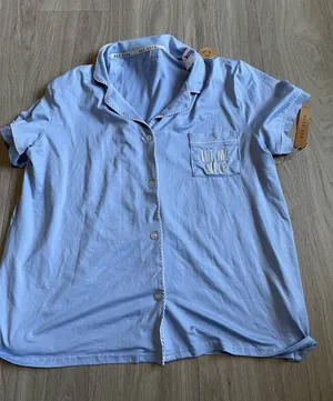 Rae Dunn Light Blue Short-Sleeve Pajama Button Shirt thumbnail 1