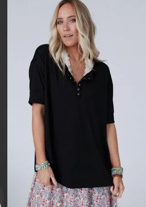 Three Bird Nest Leila Ribbed Henley oversized Top - Black thumbnail 1