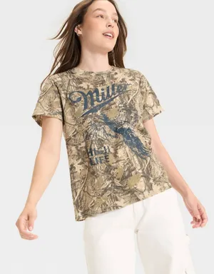 Miller High Life Graphic Camo Tee NWOT Tan with Navy Print Size Large thumbnail 1