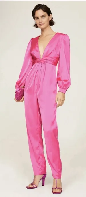 Mac Duggal Pink Plunge Neck Long Sleeve Satin Jumpsuit Size 12 $358 Fuchsia thumbnail 1